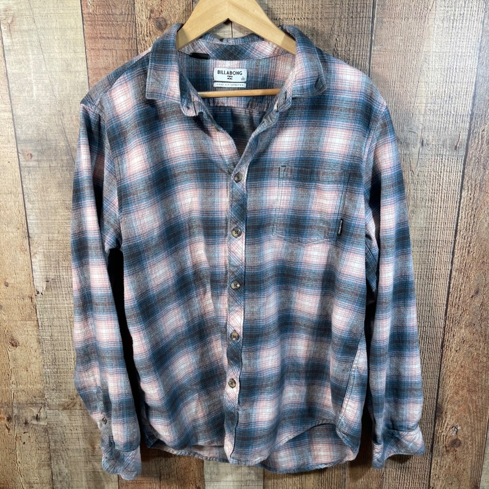 Billabong Mens Blue Pink Plaid Flannel Shirt Core Fit Stretch Surf Skate Large